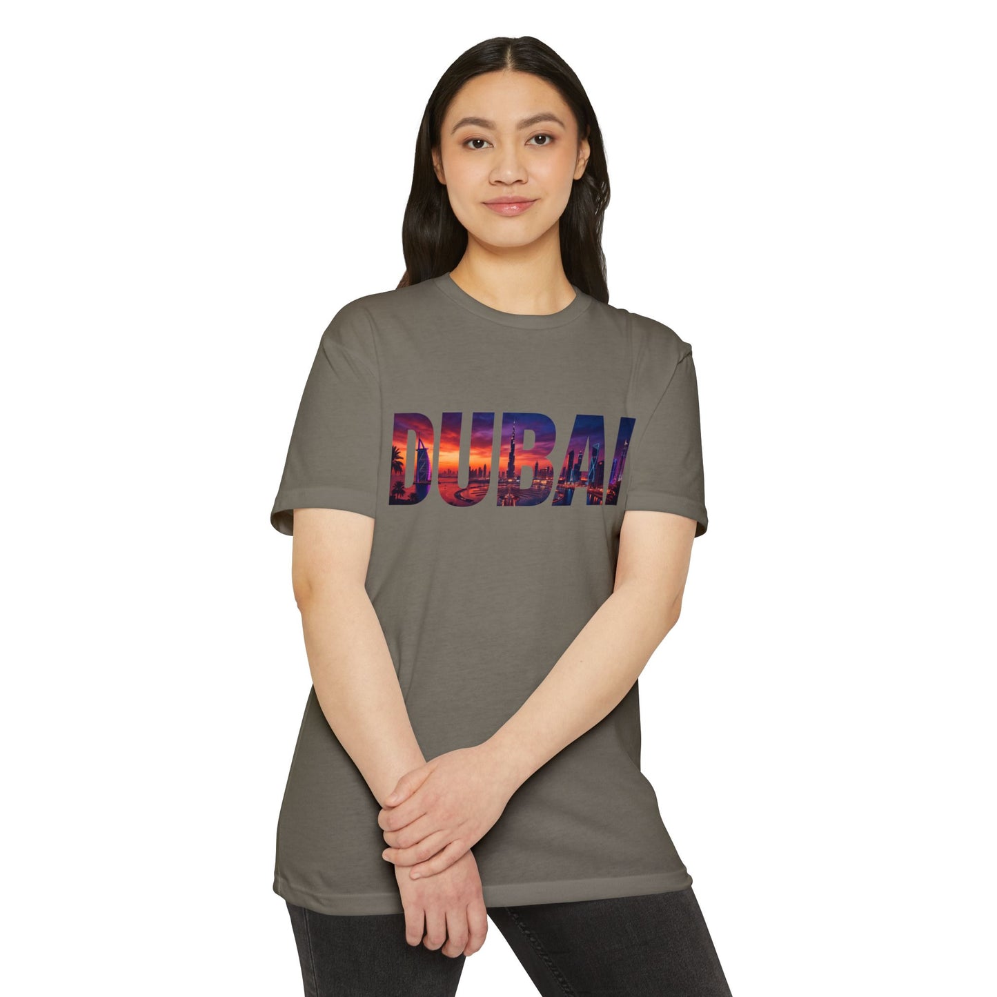 Dubai Cityscape T‑Shirt — Sunset Skyline Text Travel Tee