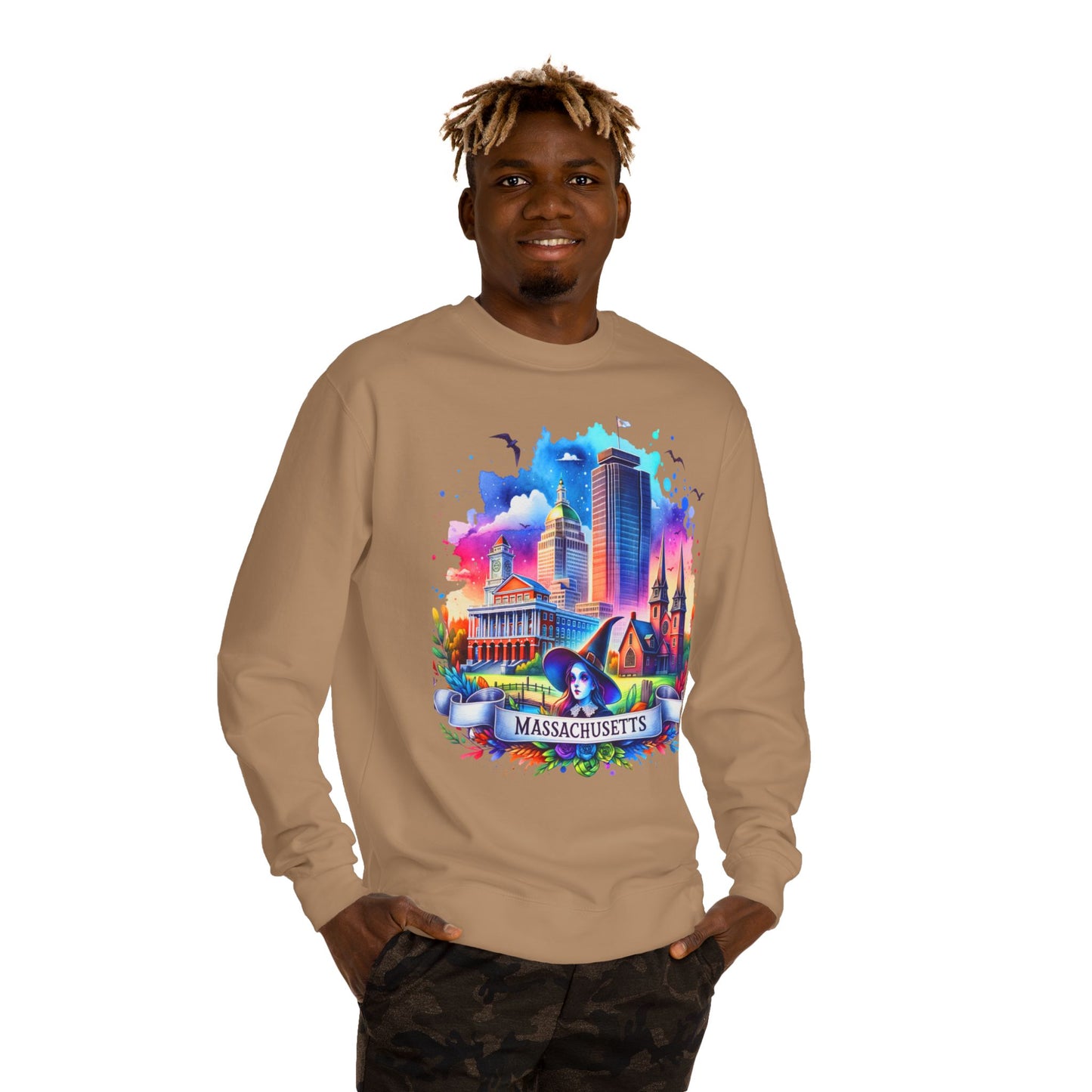 Massachusetts Skyline Crewneck Sweatshirt — Colorful Boston Landmark Graphic