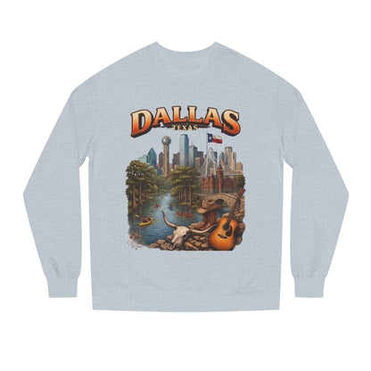 Dallas Skyline Crewneck Sweatshirt — Texas Cityscape & Acoustic Guitar Design