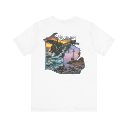 Michigan Scenic Map T-Shirt — Great Lakes Lighthouse Sunset Tee