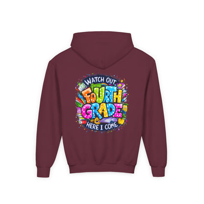 Fourth Grade Hoodie - "Watch Out Fourth Grade Here I Come" Colorful Back-to-School Kids Sweatshirt