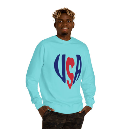 USA Heart Crewneck Sweatshirt — Patriotic Red & Blue Graphic