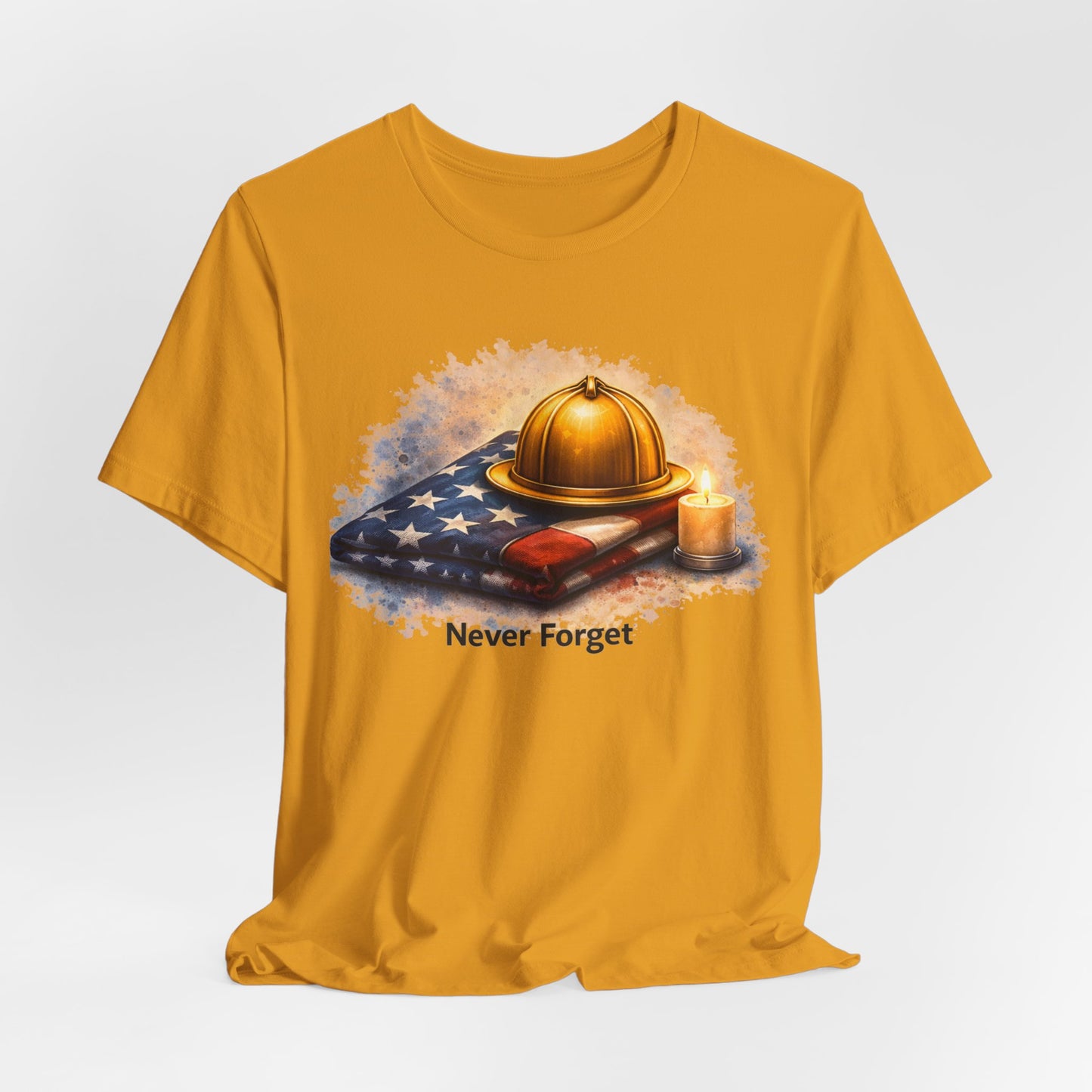 Never Forget Memorial T‑Shirt — Firefighter Helmet & Flag Tribute