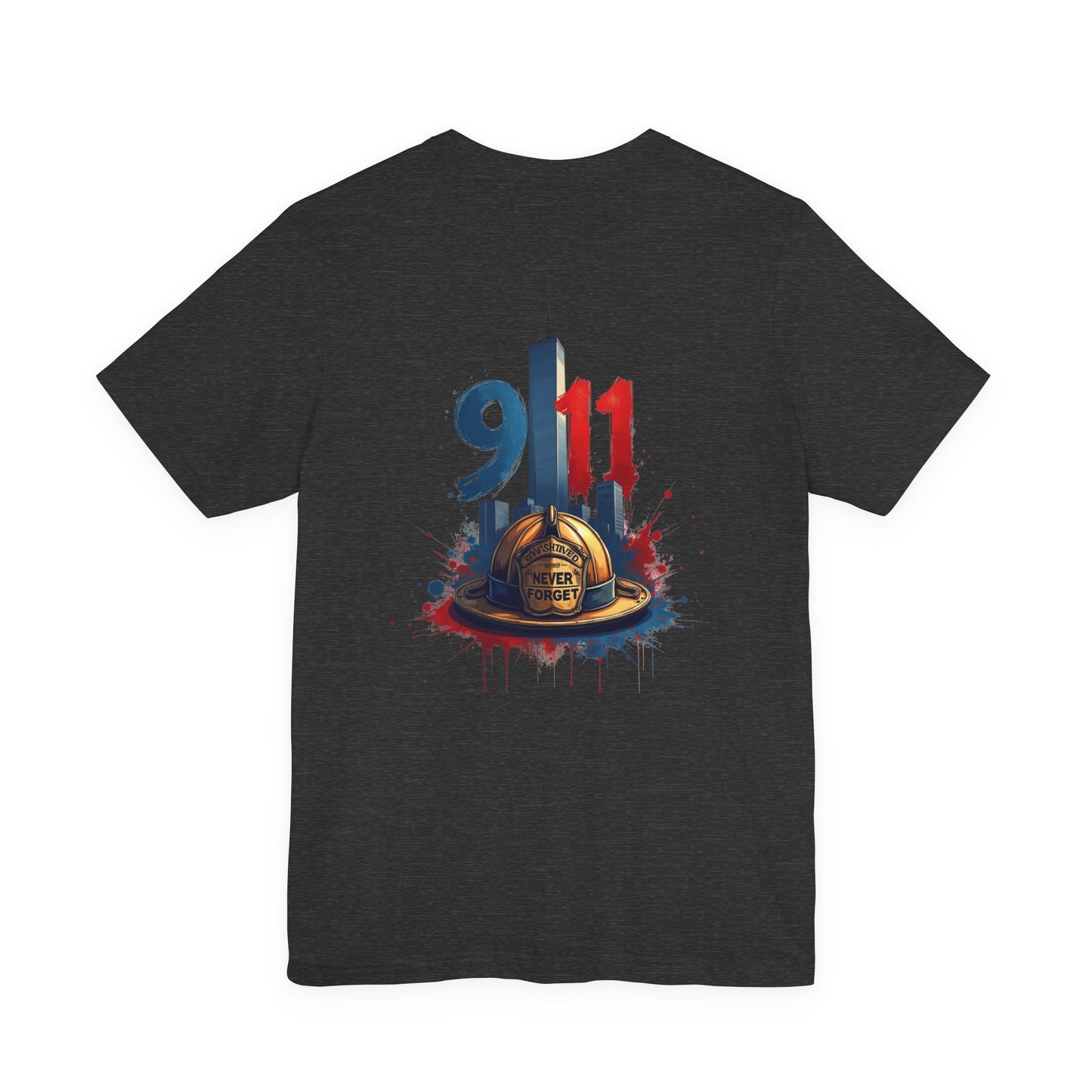 9/11 Firefighter Memorial Tee — Tribute T-Shirt with Helmet & Twin Towers Design