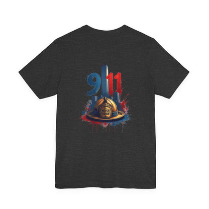 9/11 Firefighter Memorial Tee — Tribute T-Shirt with Helmet & Twin Towers Design