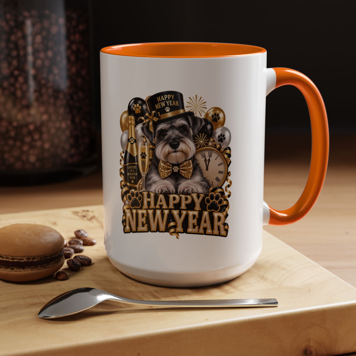 Happy New Year Dog Coffee Mug — Festive Black & Gold 11/15oz Accent Mug