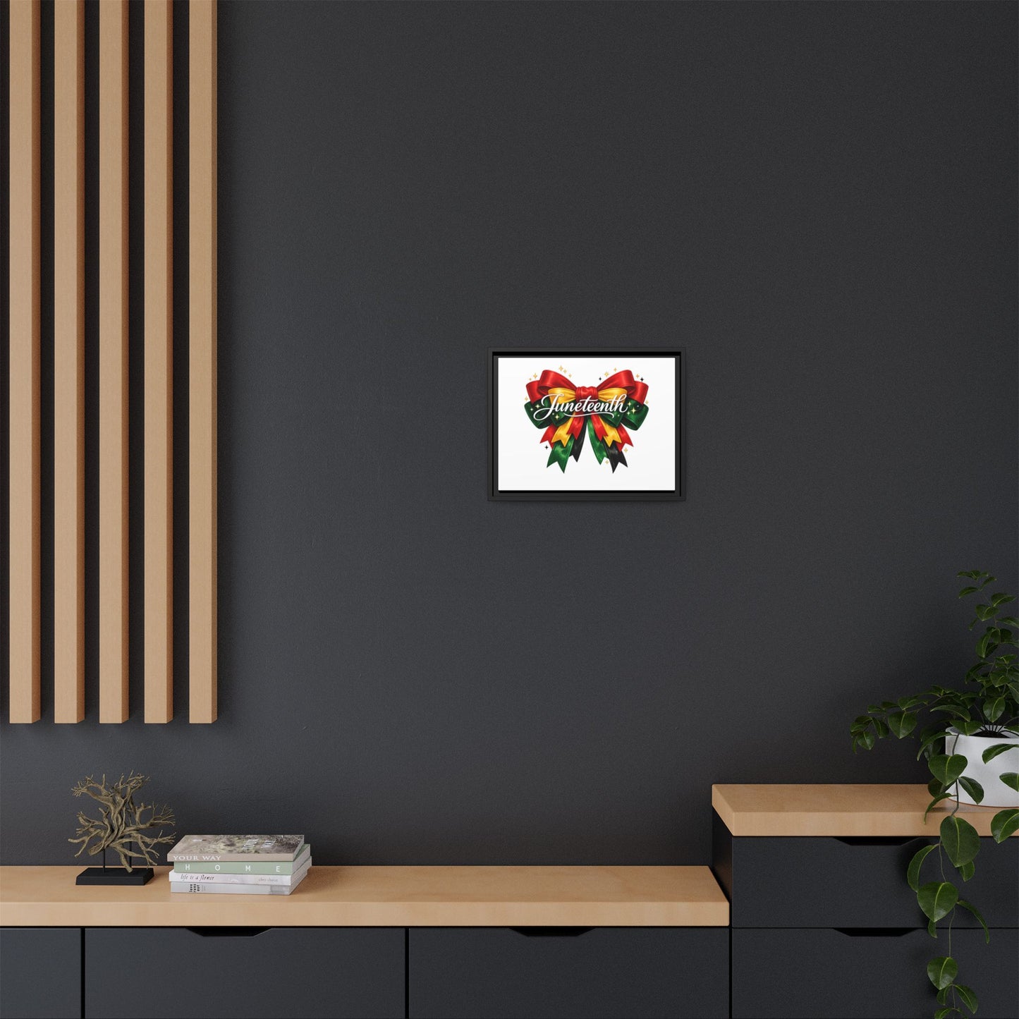 Juneteenth Framed Canvas Print – Festive Red, Green & Gold Ribbon Wall Art