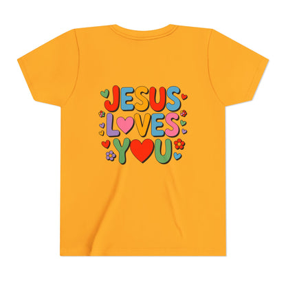 Youth Tee - "Jesus Loves You" Colorful Heart & Flower Christian Shirt