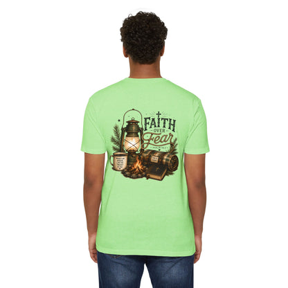 Faith Over Fear T-Shirt — Christian Camping Lantern & Bible Graphic