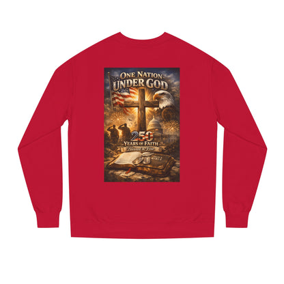 Patriotic Christian Sweatshirt — "One Nation Under God" 25 Years of Faith Crewneck