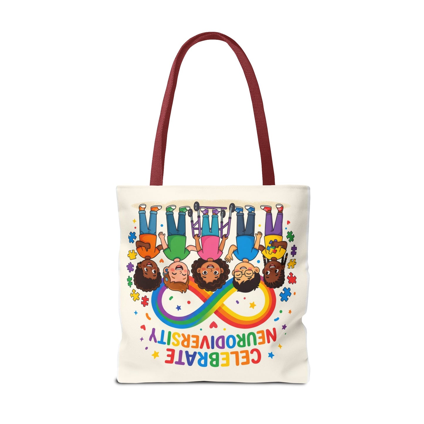 Celebrate Neurodiversity Tote Bag — Rainbow Infinity Symbol with Diverse Kids