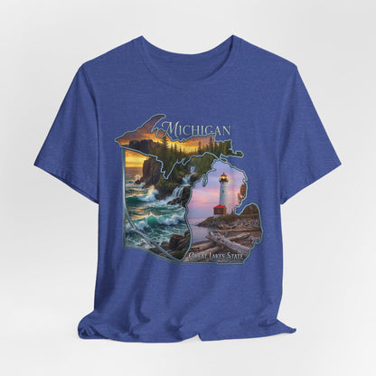 Michigan Scenic Map T-Shirt — Great Lakes Lighthouse Sunset Tee