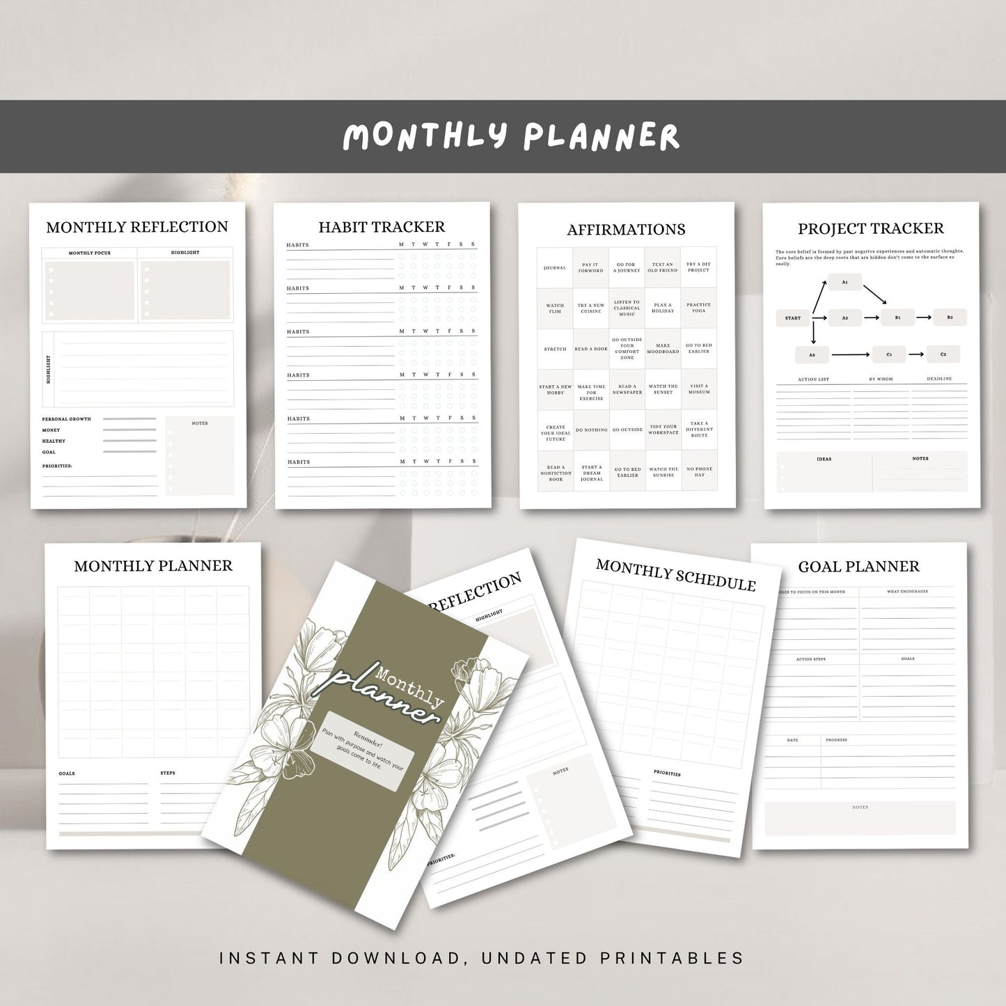 Monthly Planner Printable | Calendar Planner | Monthly Organizer | Goal Planner | Productivity Planner PDF