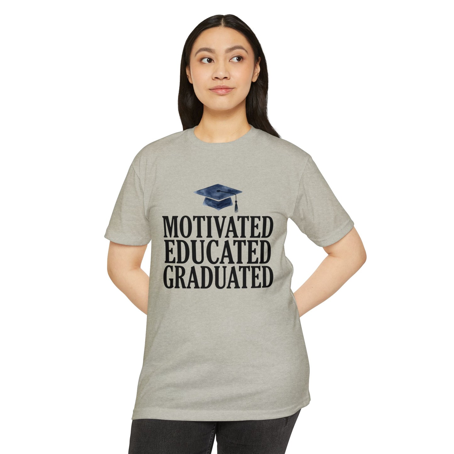 Graduation Tee — "Motivated Educated Graduated" Cap Design