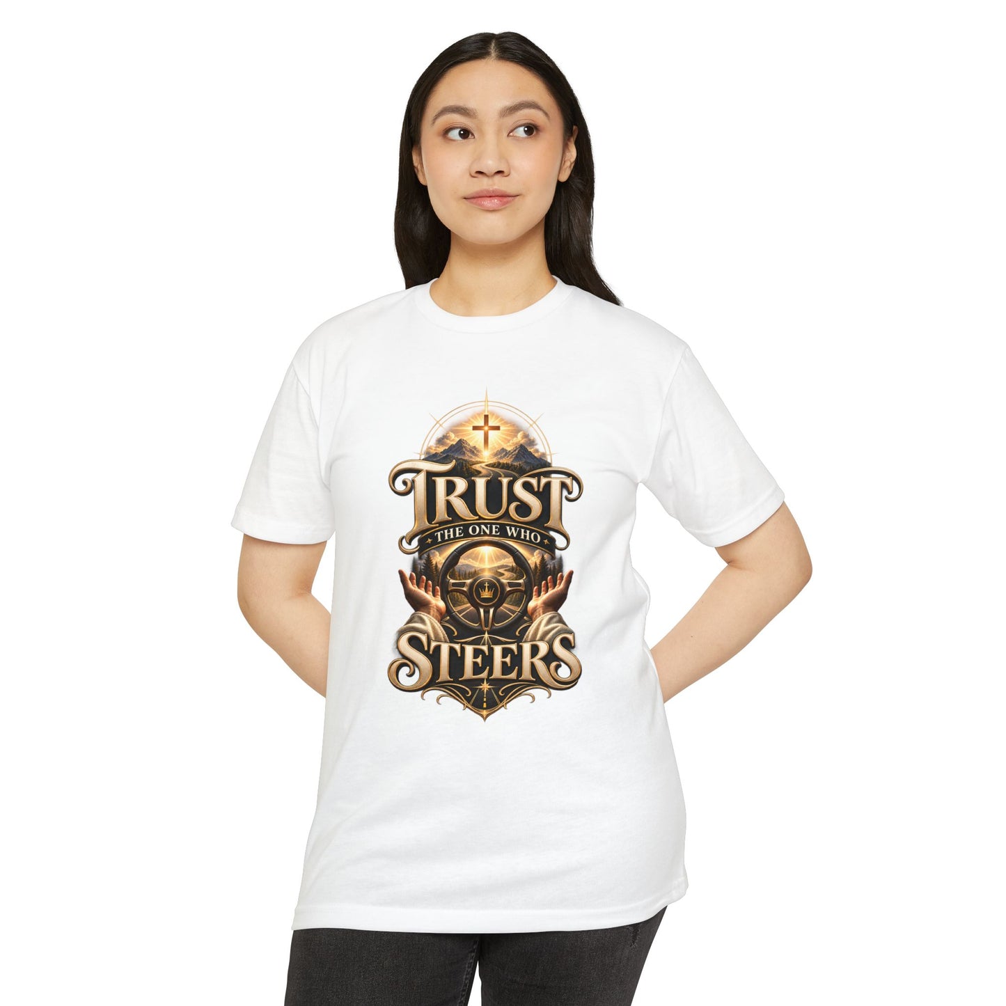 Trust He Steers T‑Shirt — Christian Faith Nautical Steering Wheel Design