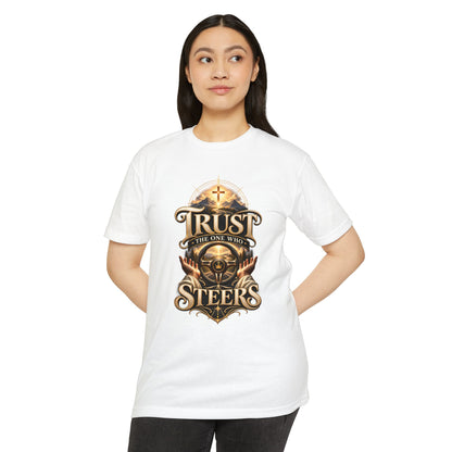 Trust He Steers T‑Shirt — Christian Faith Nautical Steering Wheel Design