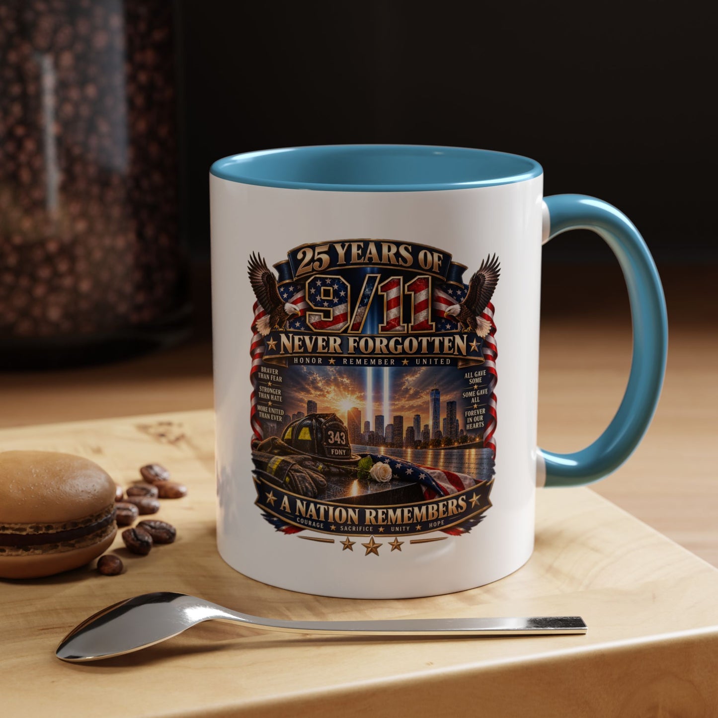 9/11 Memorial Coffee Mug — "25 Years of Never Forgotten" Patriot Tribute