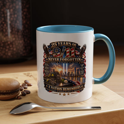 9/11 Memorial Coffee Mug — "25 Years of Never Forgotten" Patriot Tribute