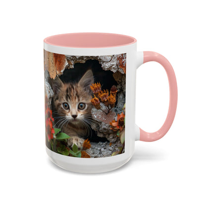 Cute Kitten Peek Accent Coffee Mug — Tabby Cat Floral 11/15oz
