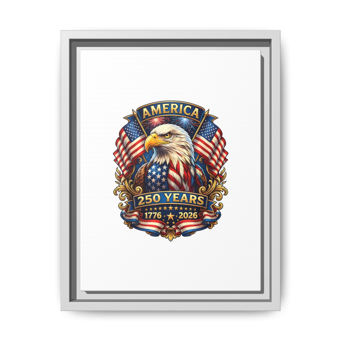 America 250th Anniversary Framed Canvas — Patriotic Bald Eagle Wall Art