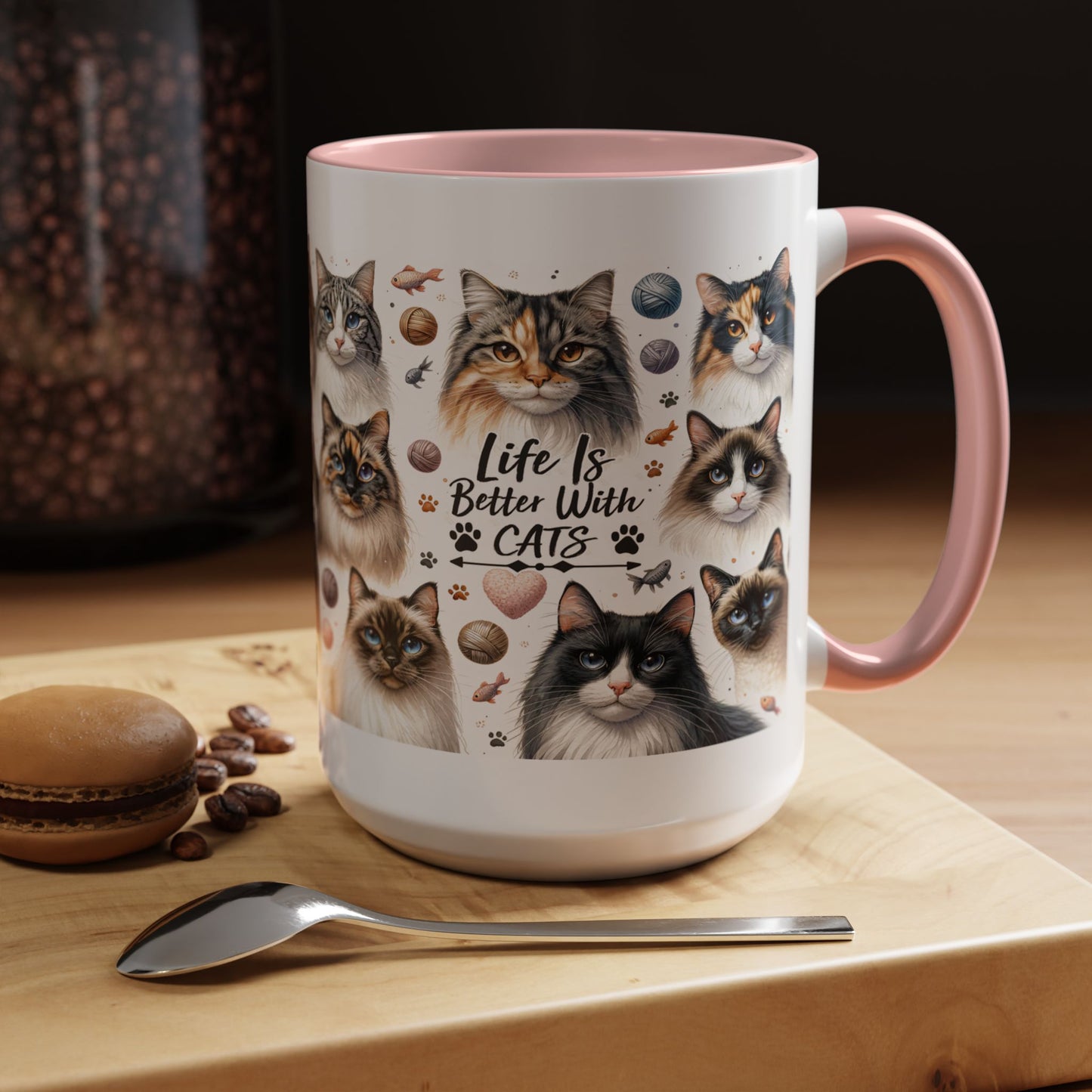 Life Is Better With Cats Accent Coffee Mug — Cat Lover Ceramic Mug (11/15oz)
