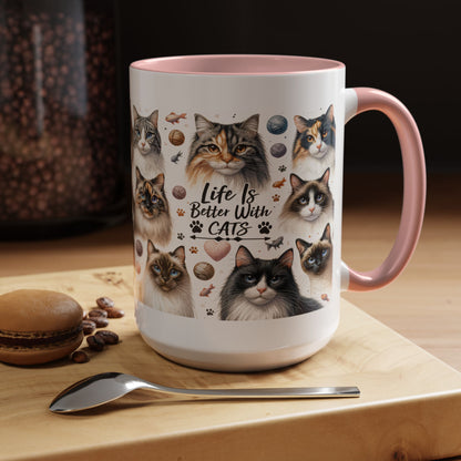 Life Is Better With Cats Accent Coffee Mug — Cat Lover Ceramic Mug (11/15oz)