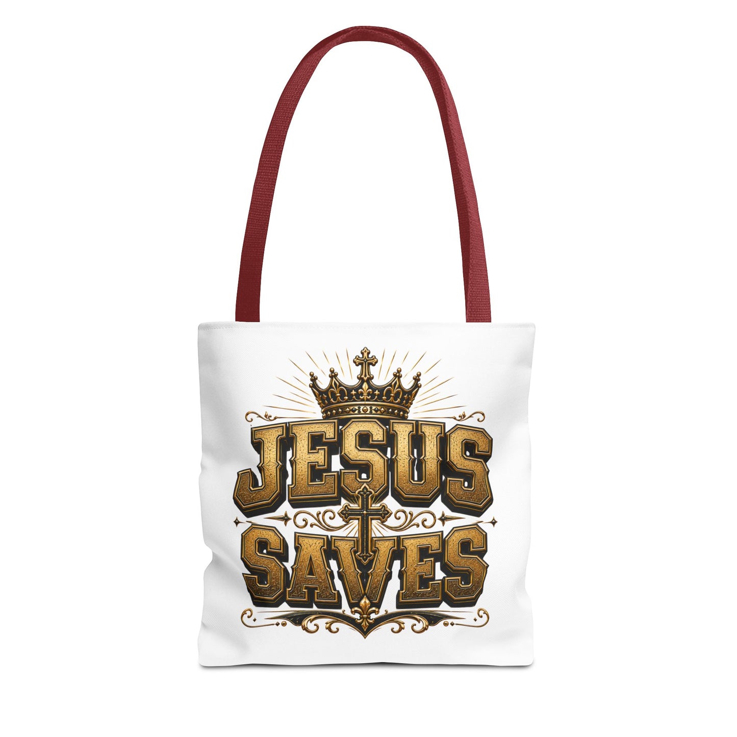 Jesus Saves Tote Bag — Christian Gospel Canvas Carryall with Crown & Cross Design