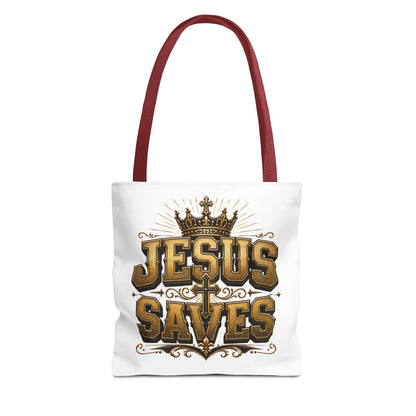 Jesus Saves Tote Bag — Christian Gospel Canvas Carryall with Crown & Cross Design