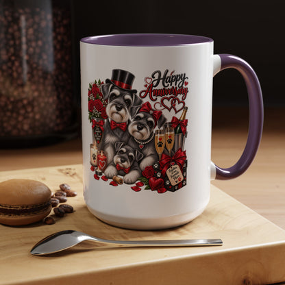 Happy Anniversary Dog Coffee Mug — Cute Pups, Champagne & Roses Accent Mug