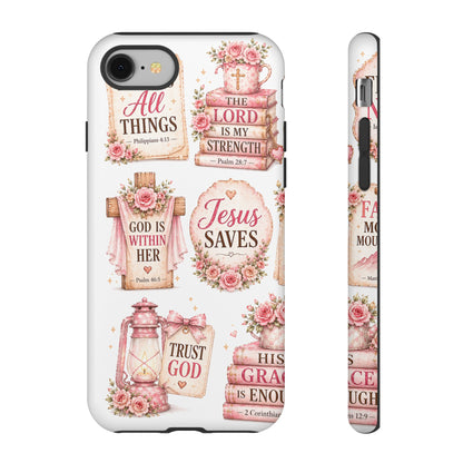 Christian Phone Case — Jesus Saves Floral Tough Case with 'God Is Within Her' & 'Trust God' Design