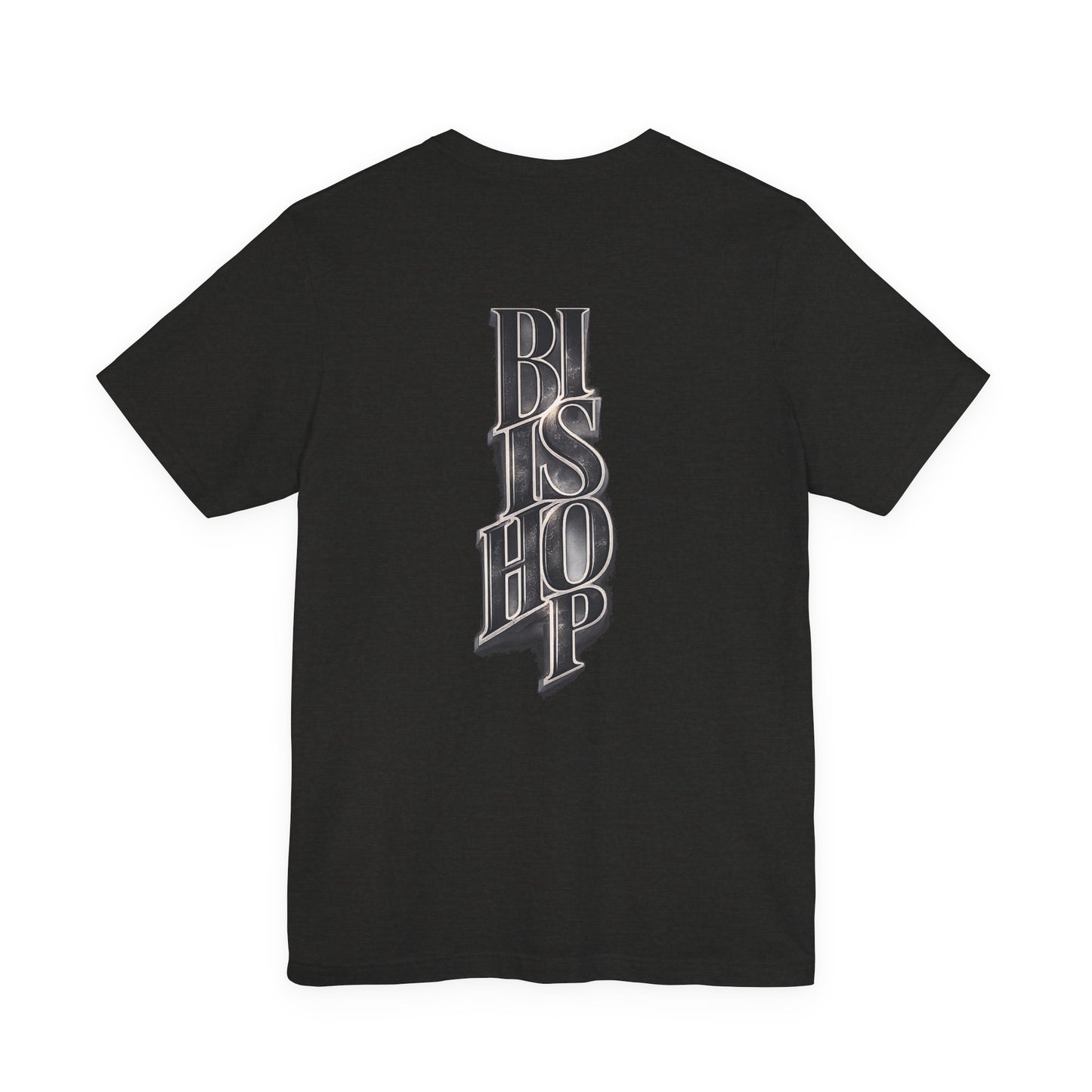 Bishop Vertical Script Tee — Vintage Gothic Lettering T-Shirt