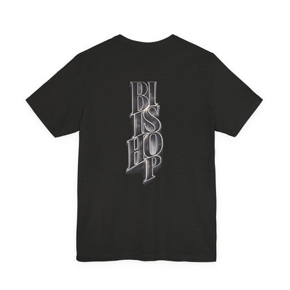 Bishop Vertical Script Tee — Vintage Gothic Lettering T-Shirt