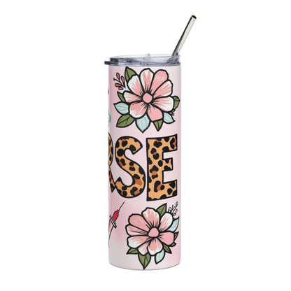 Nurse Leopard Print 20oz Stainless Tumbler – Pink Medical Stethoscope & Syringe Travel Mug