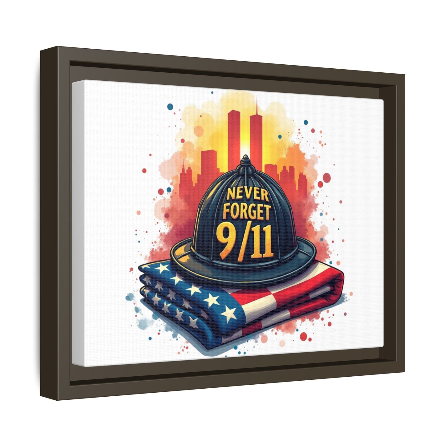 Never Forget 9/11 Framed Canvas Print — Firefighter Helmet & American Flag Memorial Art