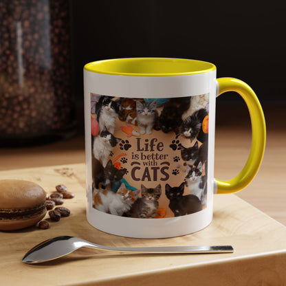 Cat Lover Accent Coffee Mug — “Life Is Better With Cats” 11/15oz