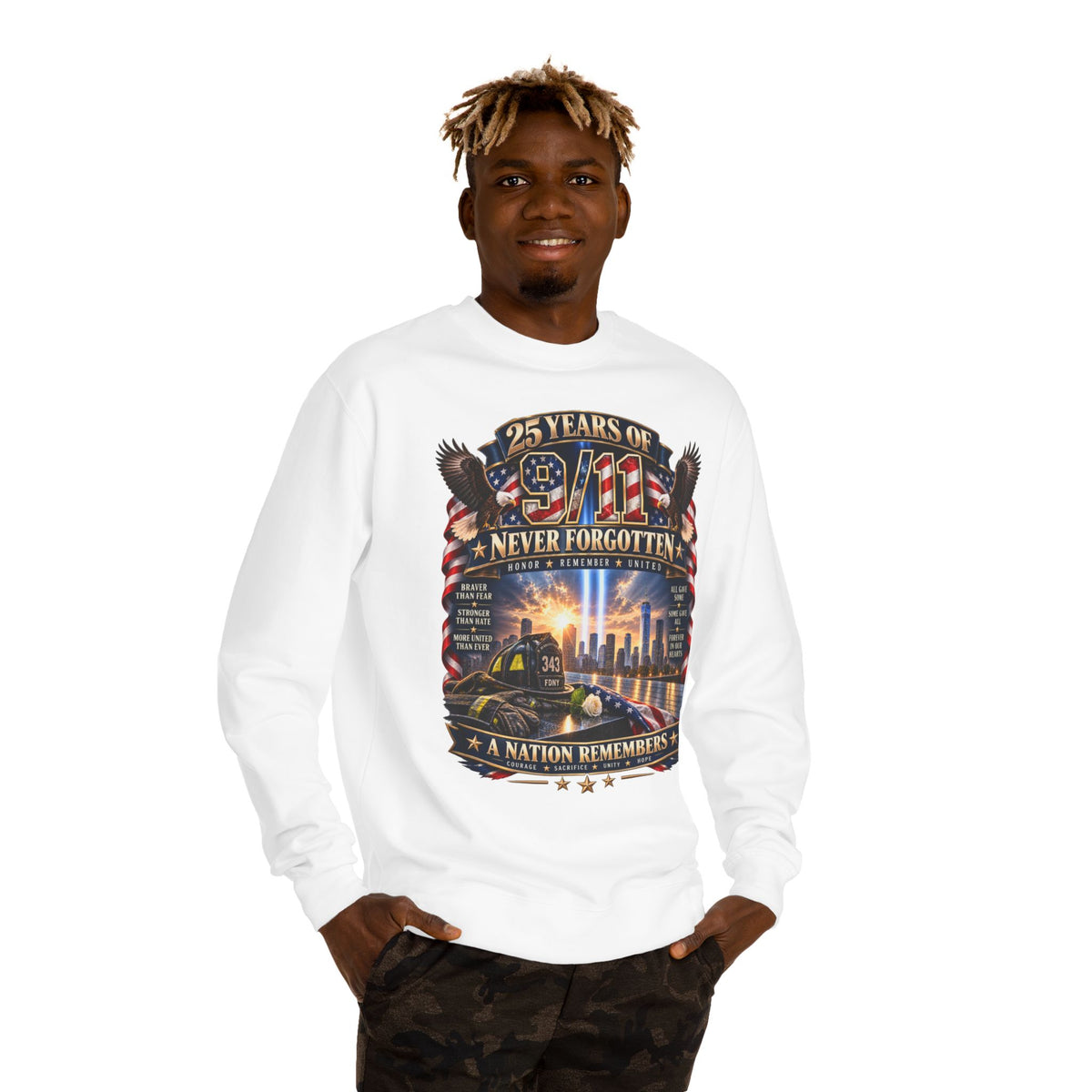 9/11 Memorial Sweatshirt — "25 Years of 9/11 Never Forgotten" Tribute Crewneck