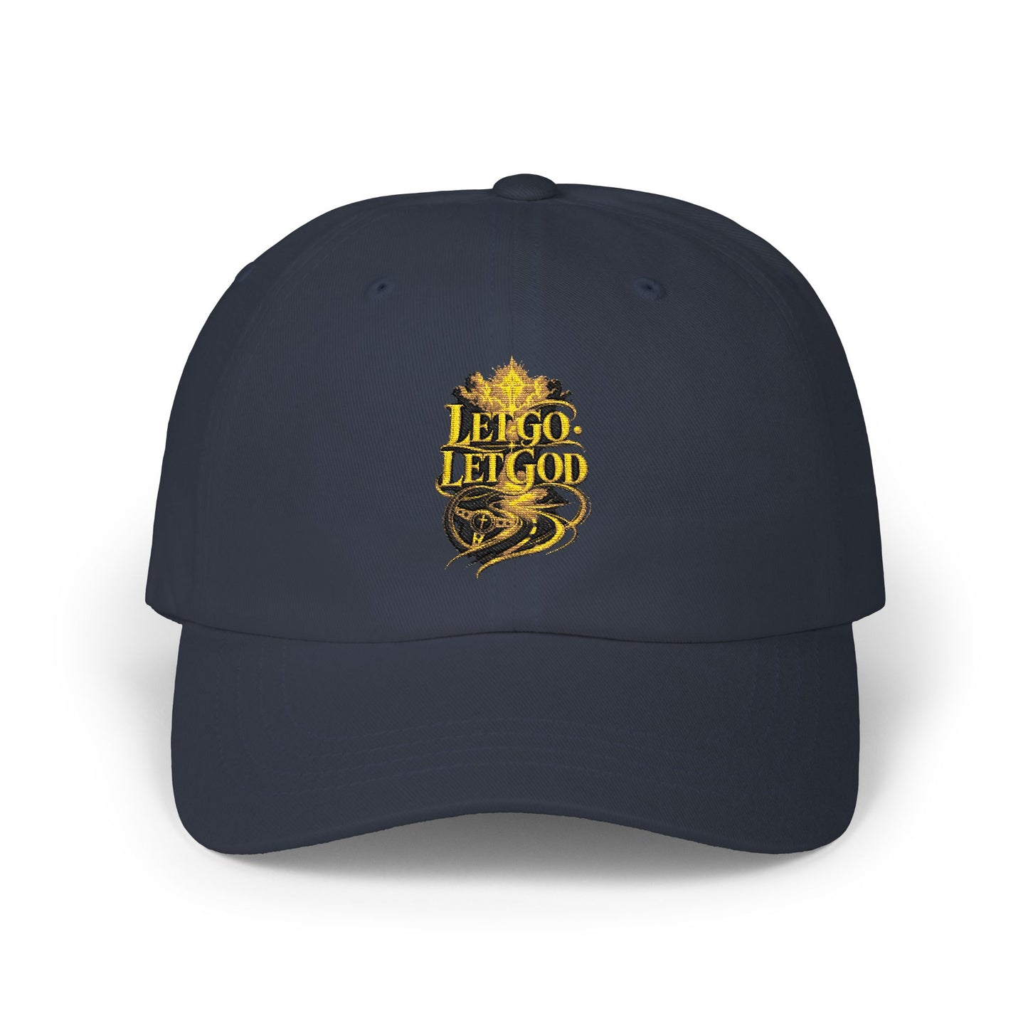 Dad Cap — Retro Gold 'Let Go Let God' Script Embroidery