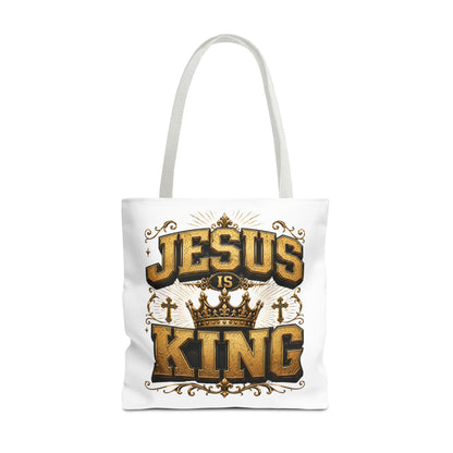 Jesus Is King Tote Bag - Christian Faith Crown Design