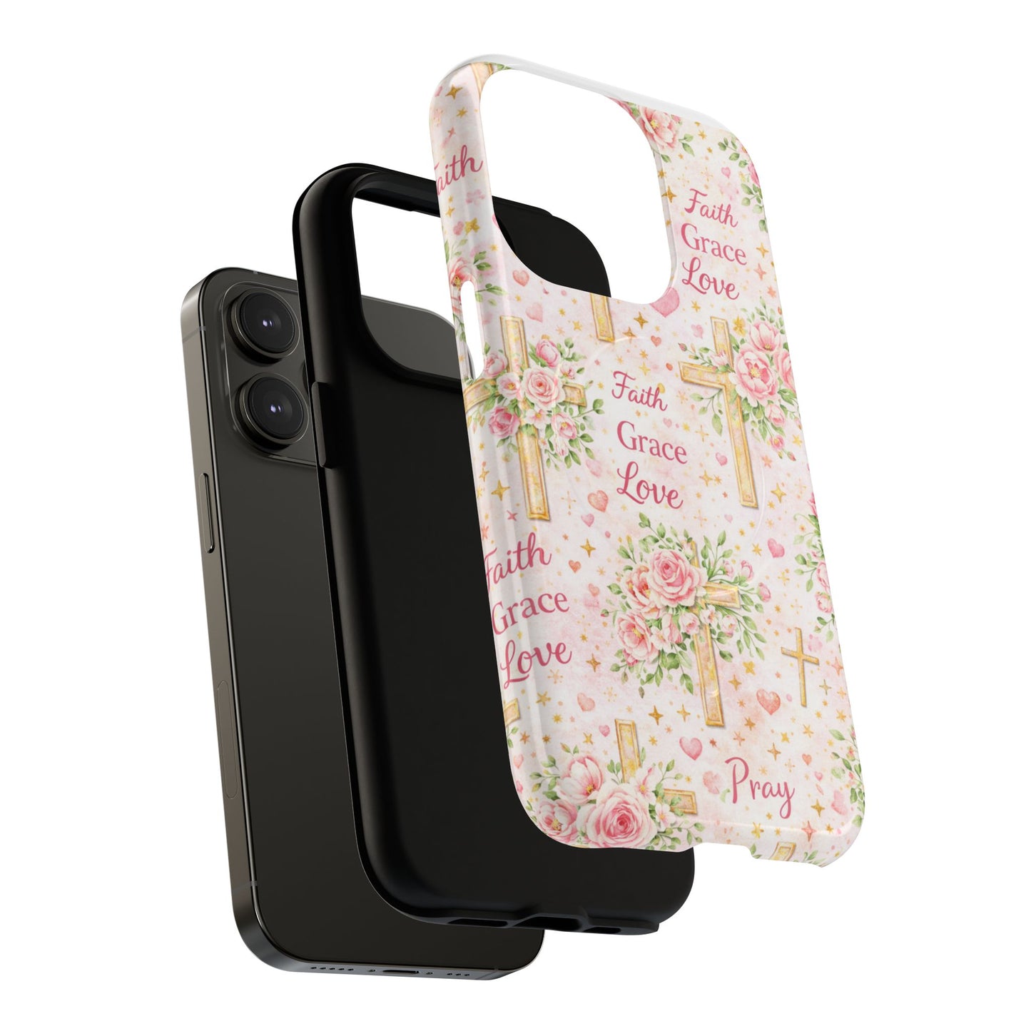 Christian Floral Cross Phone Case — "Faith Grace Love" Tough Magnetic Case