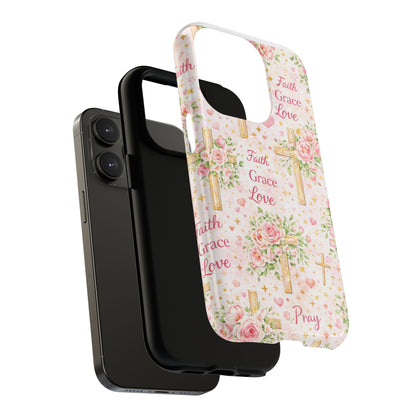 Christian Floral Cross Phone Case — "Faith Grace Love" Tough Magnetic Case