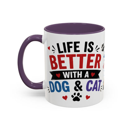 Dog and Cat Coffee Mug – "Life is Better with a Cat" Accent Ceramic Mug