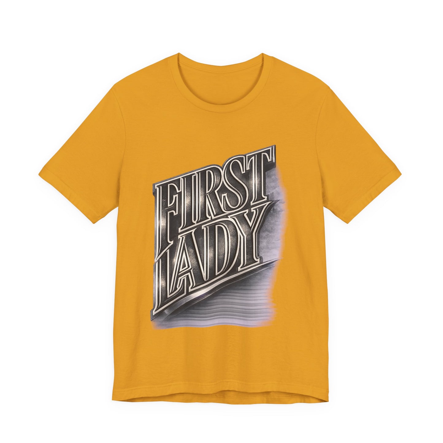 First Lady Graphic Tee — Retro Metallic Script Short Sleeve Shirt