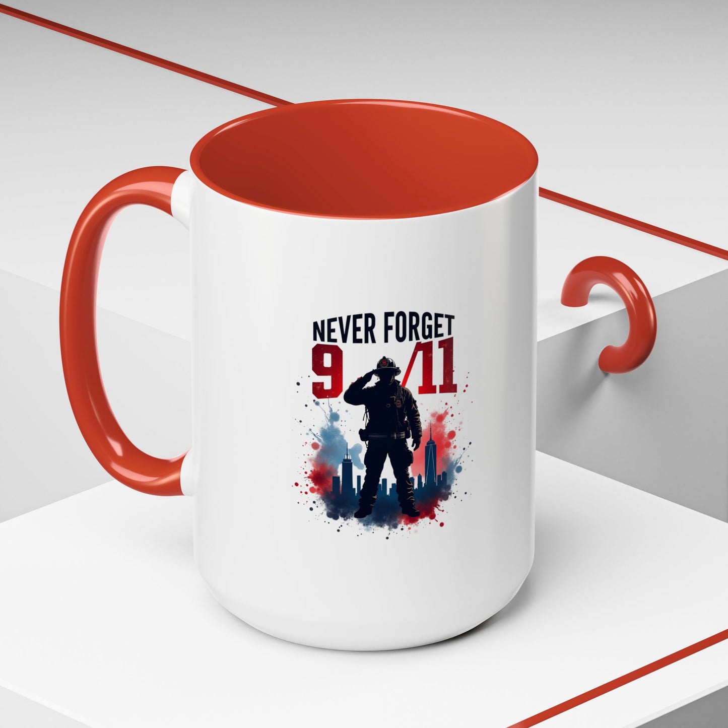 Never Forget 9/11 Accent Coffee Mug — Patriotic Memorial Tribute (11oz, 15oz)