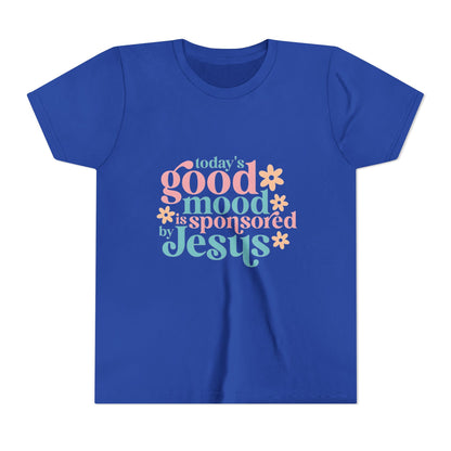 Youth Tee – "Today's Good Mood is Sponsored by Jesus" Retro Floral Christian Shirt