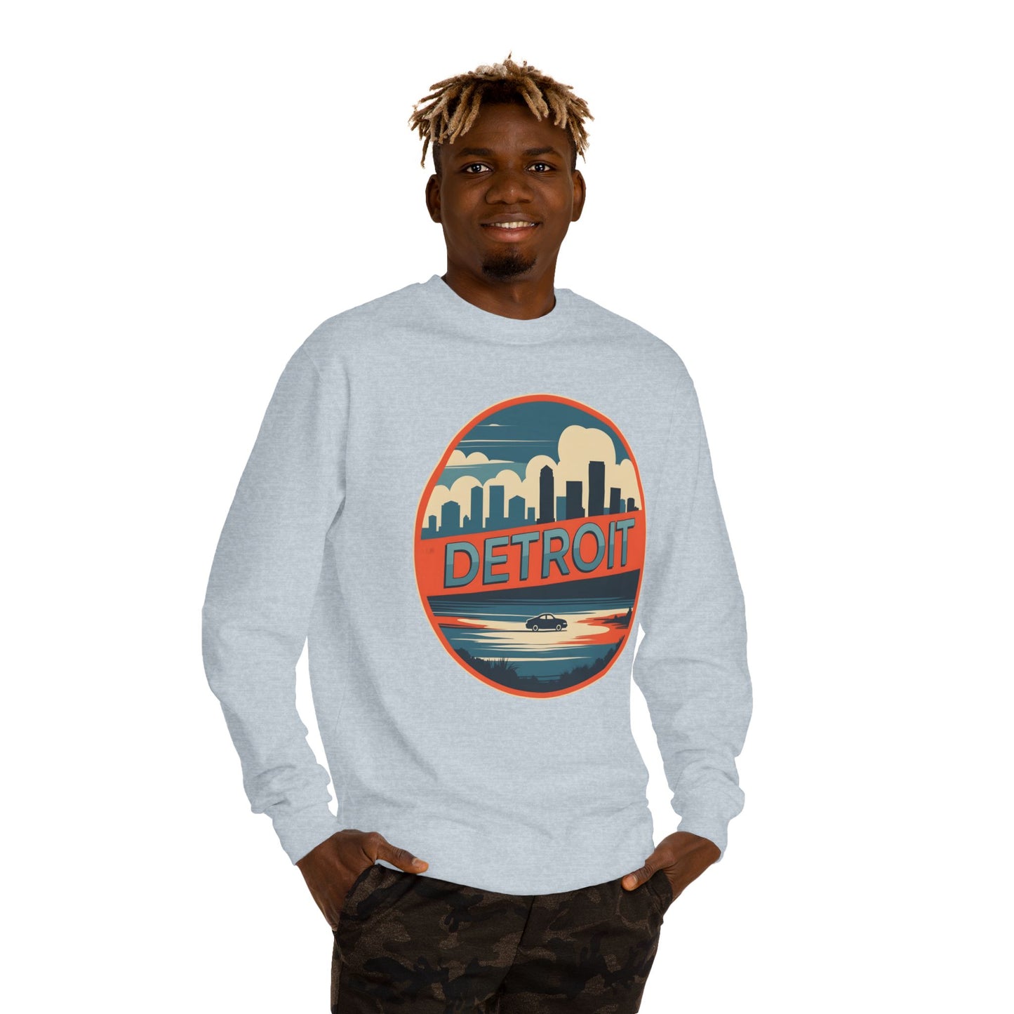 Detroit Skyline Crewneck Sweatshirt — Retro Sunset City Graphic