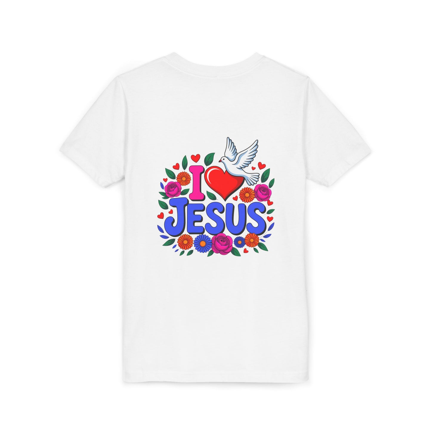 Youth Tee — "I  Jesus" Colorful Dove & Floral Christian Shirt