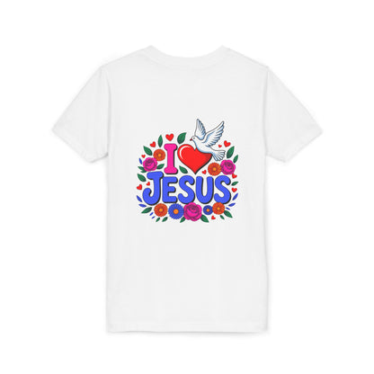 Youth Tee — "I  Jesus" Colorful Dove & Floral Christian Shirt