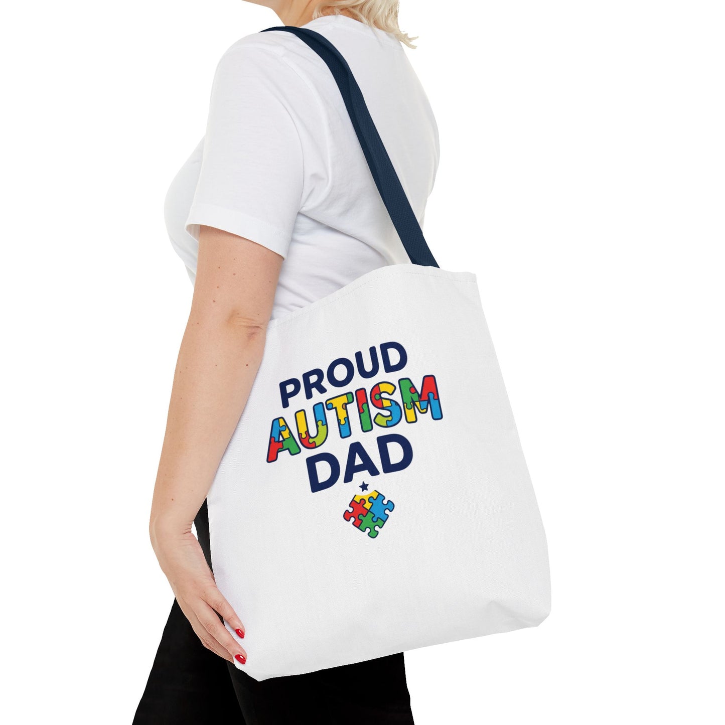 Proud Autism Dad Tote Bag — Colorful Puzzle-Heart Support Gift
