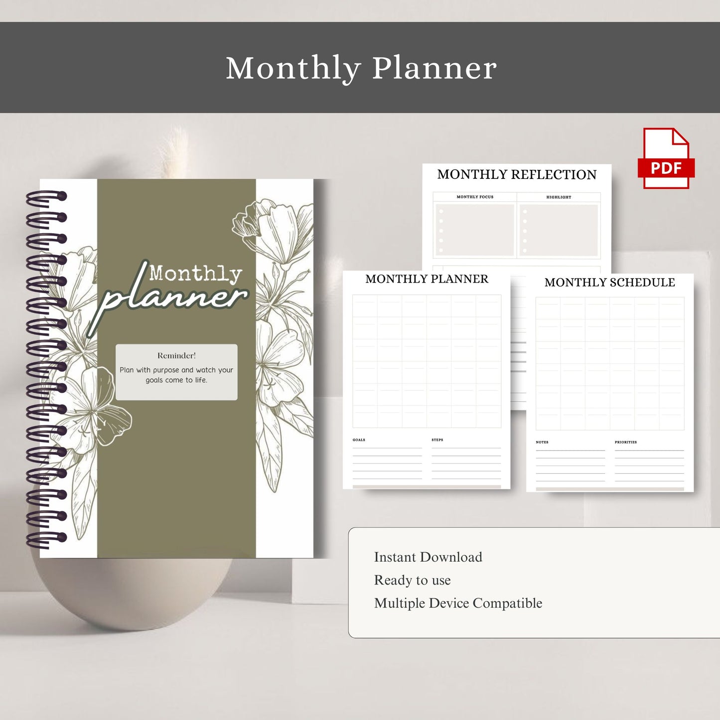 Monthly Planner Printable | Calendar Planner | Monthly Organizer | Goal Planner | Productivity Planner PDF