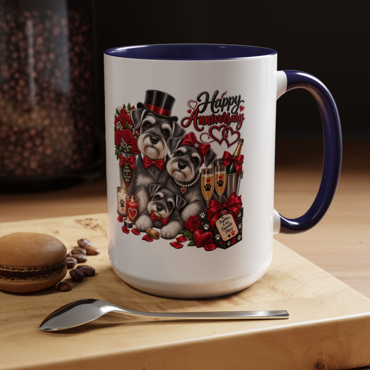 Happy Anniversary Dog Coffee Mug — Cute Pups, Champagne & Roses Accent Mug